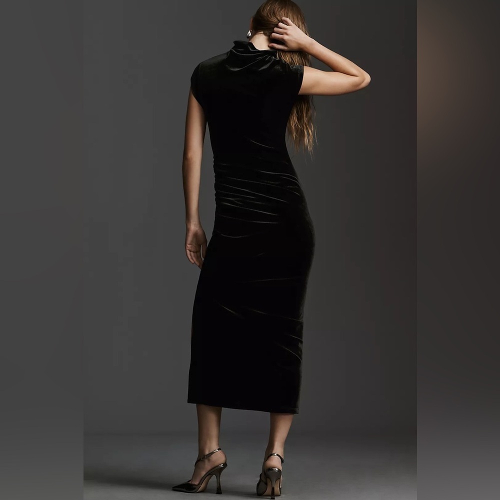 Anthropologie Black Velvet Turtle Neck Sleeveless Cinched Hip Midi Dress - Picture 4 of 12